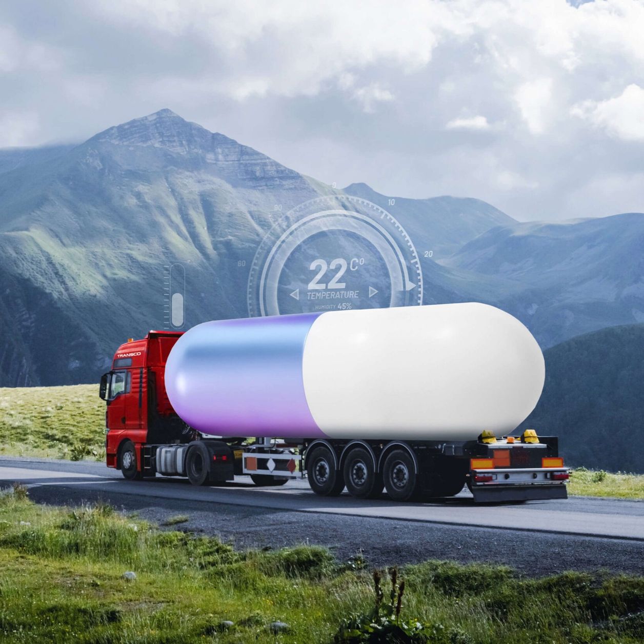 KI-Ansicht eines Lkw mit Medikamenten Kapsel für Pharmatransport vor Bergpanorama