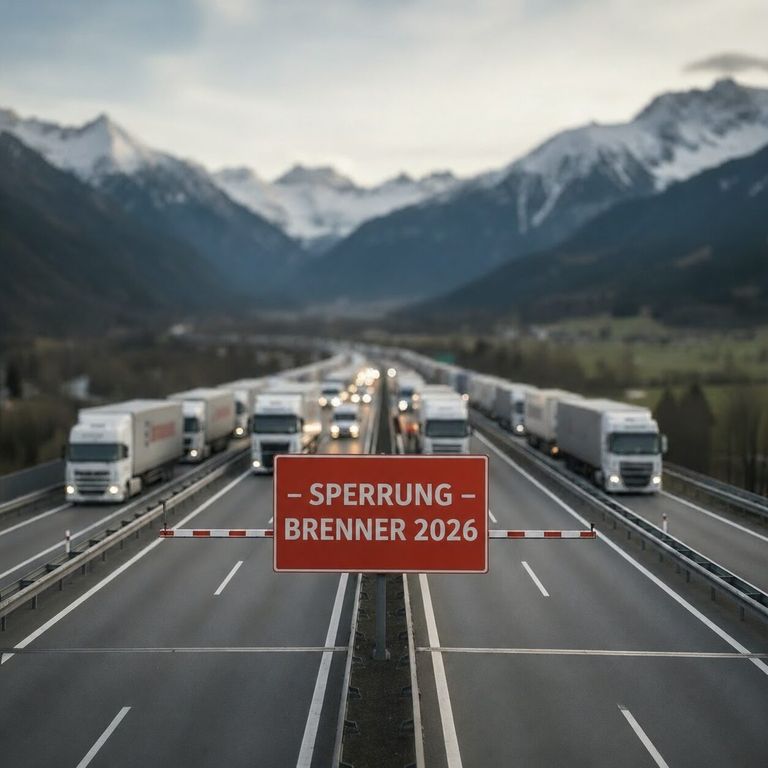 Ein rotes Schild mit der Aufschrift Sperrung Brenner 2026 vor einer befahrenen Autobahn mit Bergpanorama